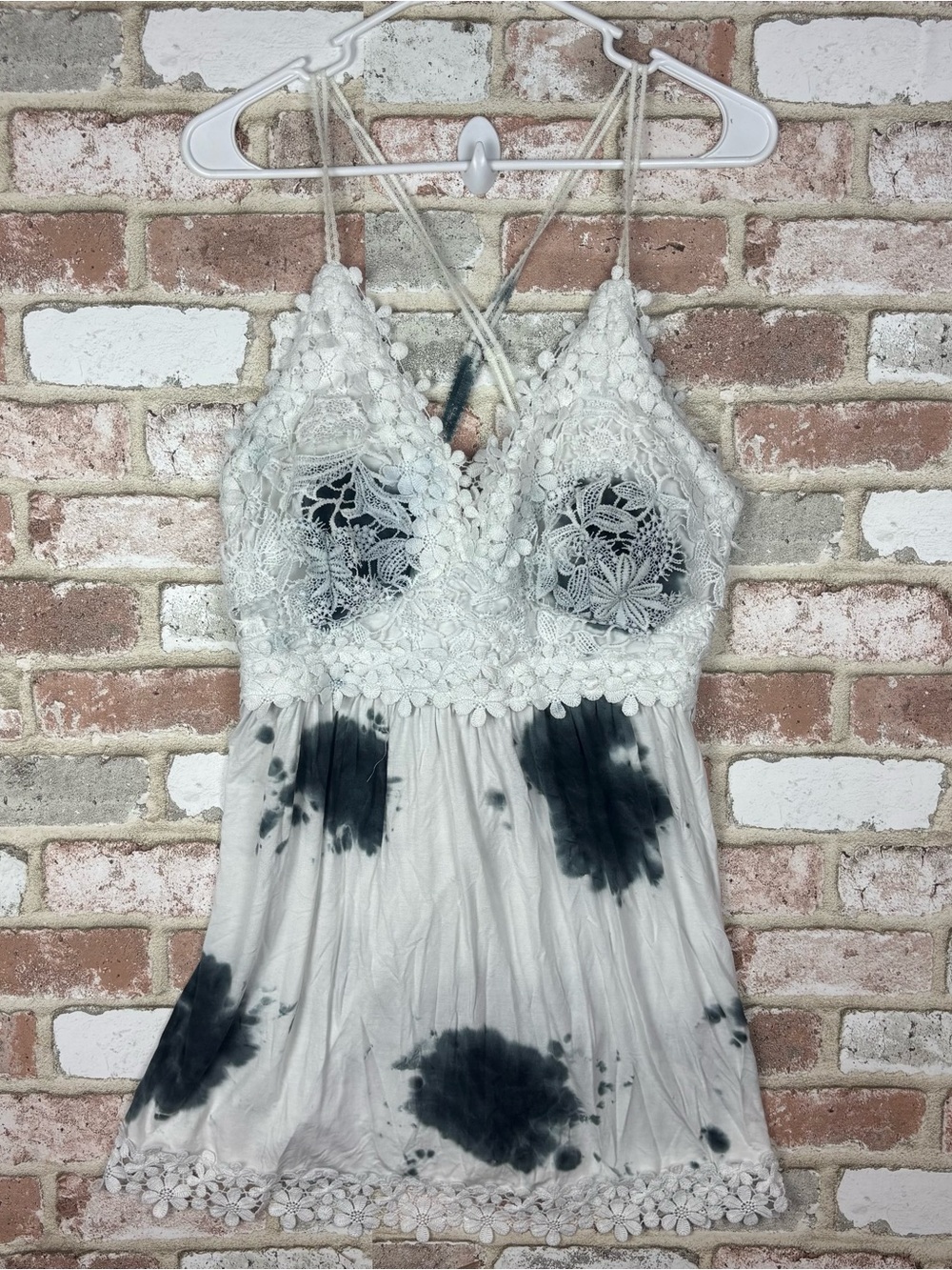 White birch lace crochet boho tank top Blouse | XL white gray stretchy